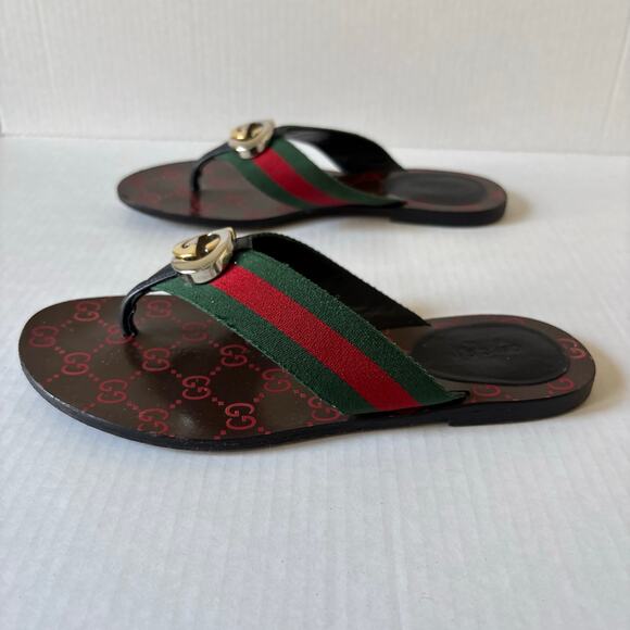 Gucci Kika Interlocking GG Web Stripe Flat Thong Sandals Red Green Size EU 38 - Picture 5 of 12